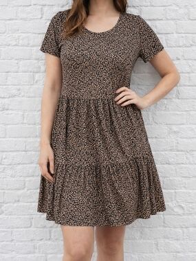 Love, Fire Leopard Print Tiered Mini Dress M Brown Black Short Sleeve Flowy